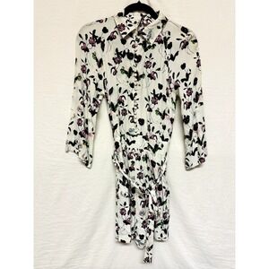 ELEVENSES‎ ANTHROPOLOGY DRESS FLORAL WHITE SIZE XS LONG SLEEVES BELT BUTTONS